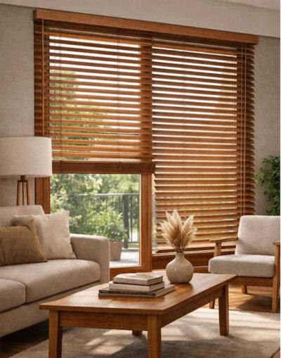 persianas de lamas de madera en salon con luz natural en Madrid